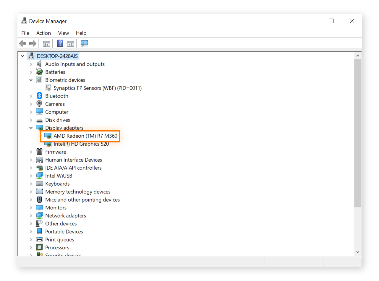 Device manager is shown, with the video card information circled. AMD Radeon (TM) R7 M360.