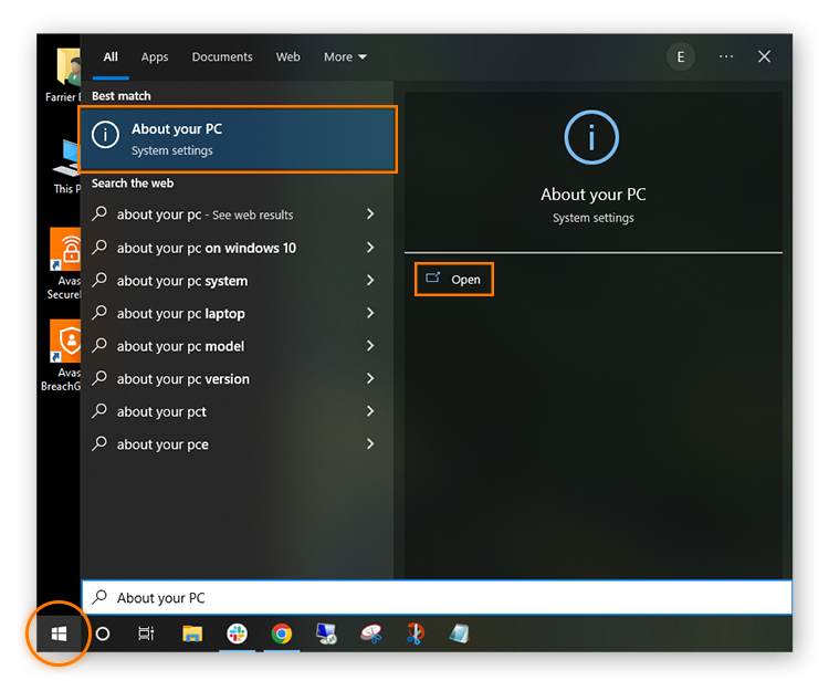 A view of the start menu in Windows 10 with "About your PC" typed in, and About Your PC System Settings is highlighted.
