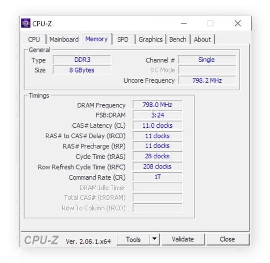 The Memory tab in CPU-Z, showing that the installed RAM is DDR3 and is 8 GB.