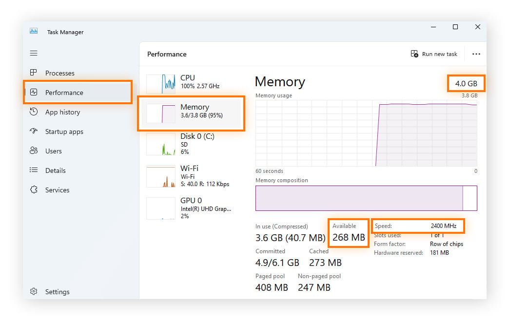 Cliquez sur Performance, puis sur Mémoire. La vitesse de la RAM et d’autres données d’utilisation s’affichent à droite.