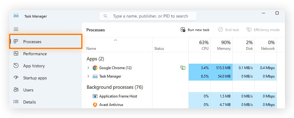 Click Processes to see which tasks are taking up the most RAM