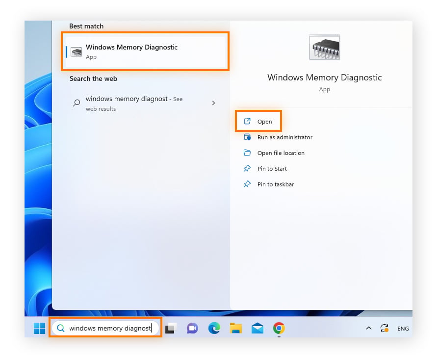 Para comprobar si hay errores en la memoria, escriba Diagnóstico de memoria de Windows en el cuadro de búsqueda de Windows y ábralo