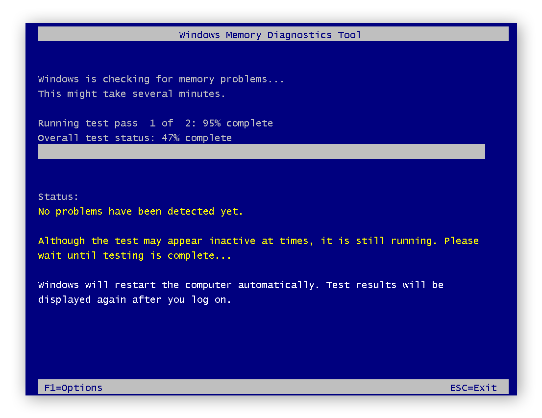 Uma visualização da Ferramenta de Diagnóstico de Memória do Windows em execução na inicialização, antes que o restante do Windows tenha sido carregado.