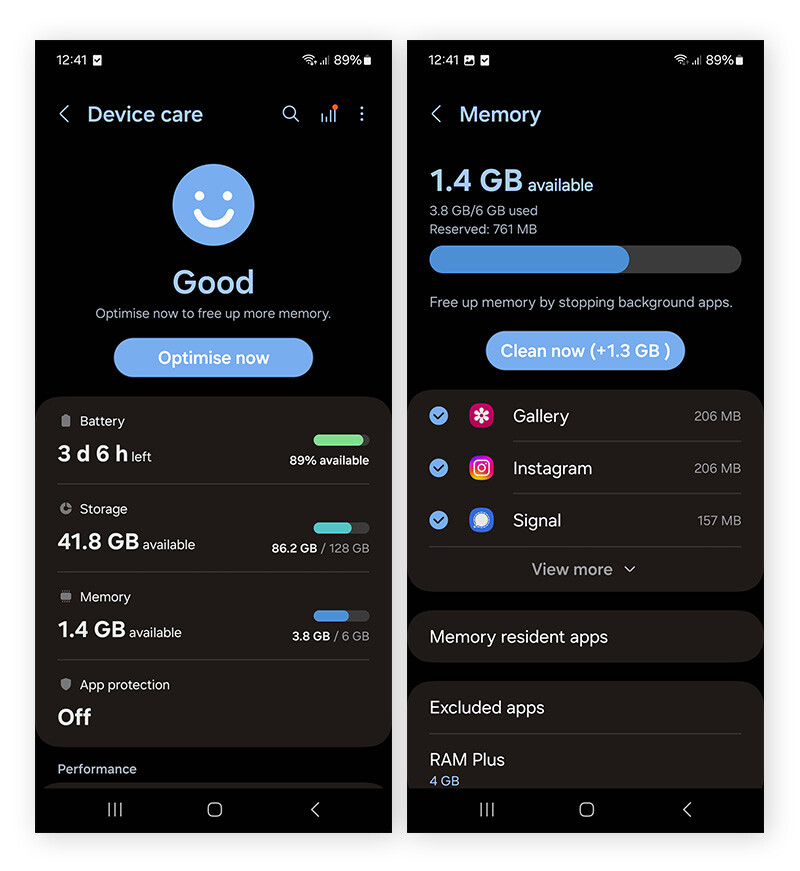 Go to Device Care on Android phone to check storage space and memory usage