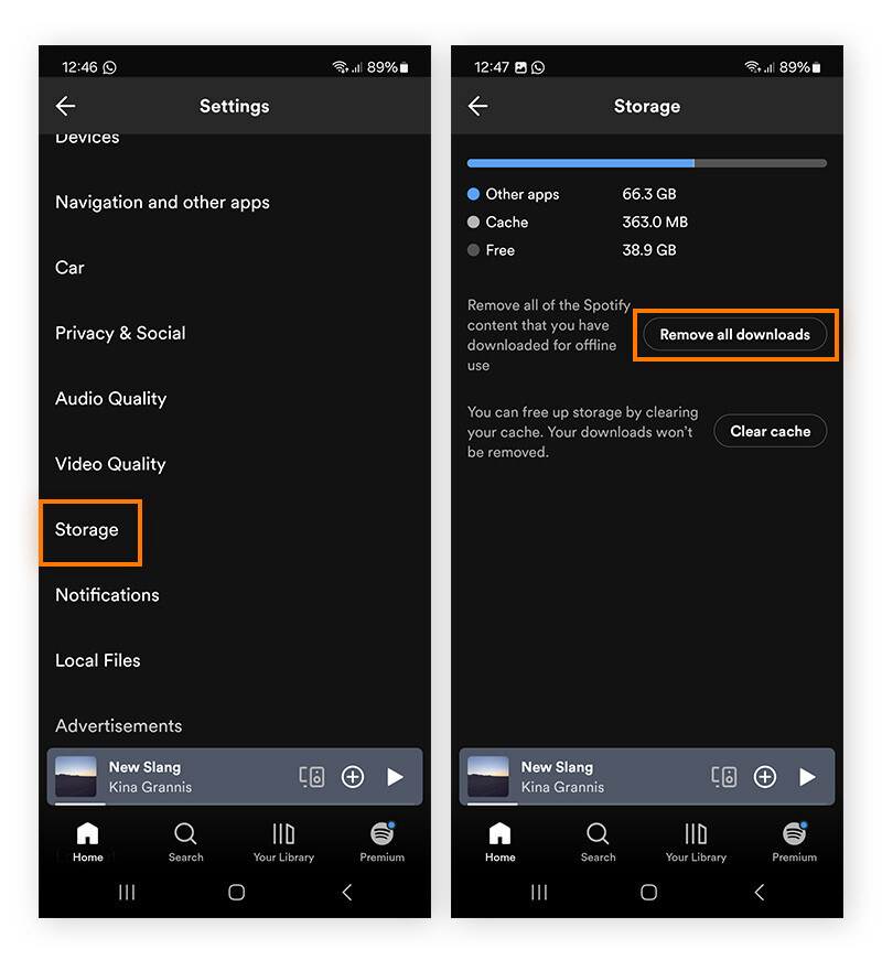 Remove downloads and clear cache on Spotify app for Android phone
