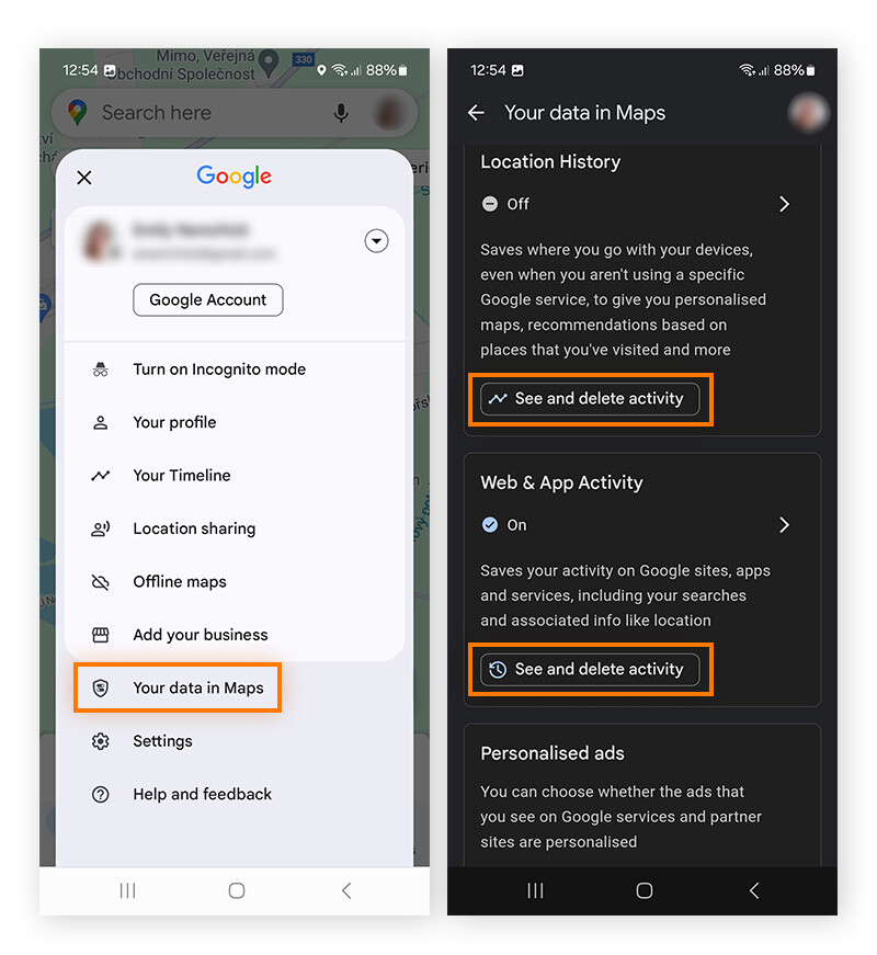 Delete activity on Google Maps app on Android phone