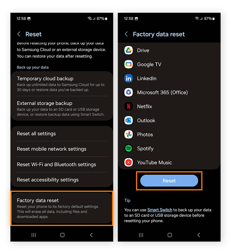 Factory data reset for Android phone