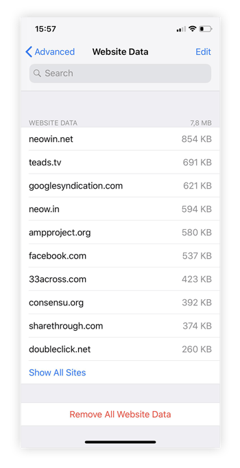 Vidage du cache Safari sur iPad ou iPhone dans les réglages Données de sites.