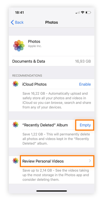 Deleting documents and data from iPhone via the Photos app.