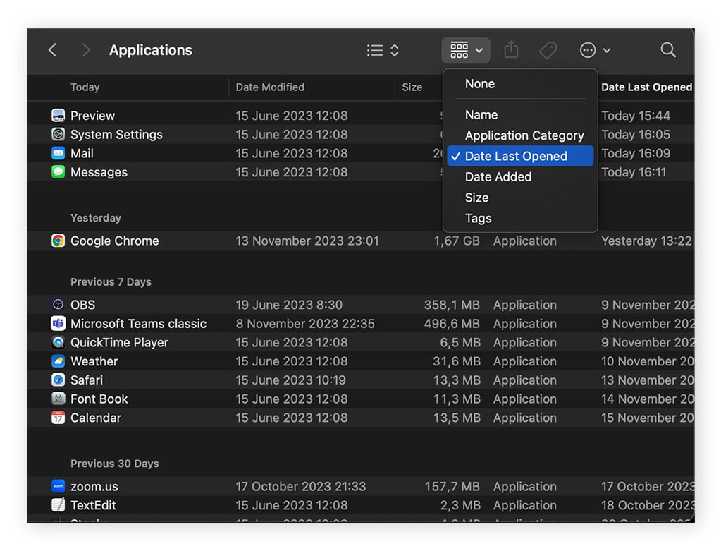 Dossier Applications sous macOS, filtré en fonction de la dernière date d’ouverture.