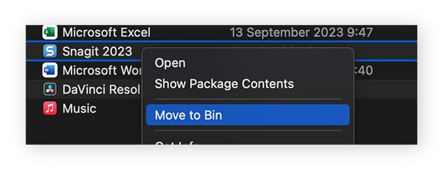 An app on macOS being moved to Bin.