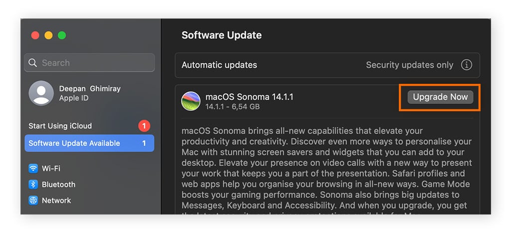macOS Software Upgrade window with the Upgrade Now button highlighted.