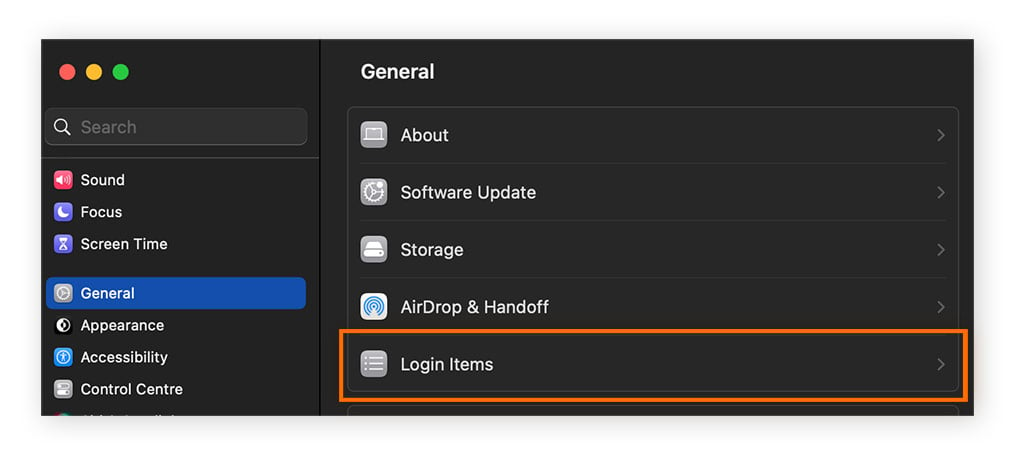 macOS general menu, highlighting the Login Items tab.