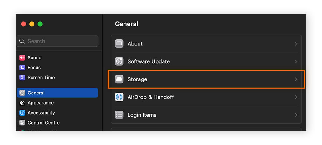 macOS general menu, highlighting the Storage  tab.