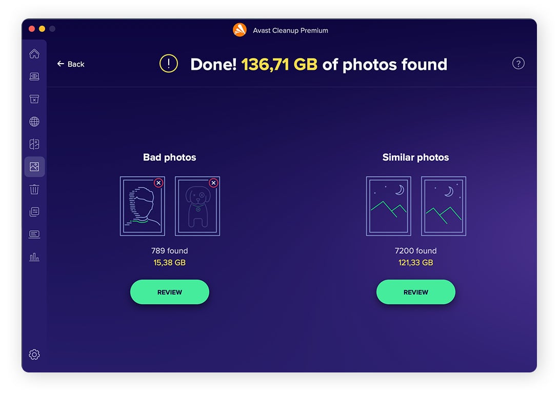Uso de Avast Cleanup para Mac para detectar fotos de mala calidad y borrosas.