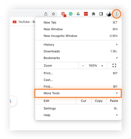 Chrome mit markiertem Menü „Mehr“ und markierter Option „Weitere Tools“