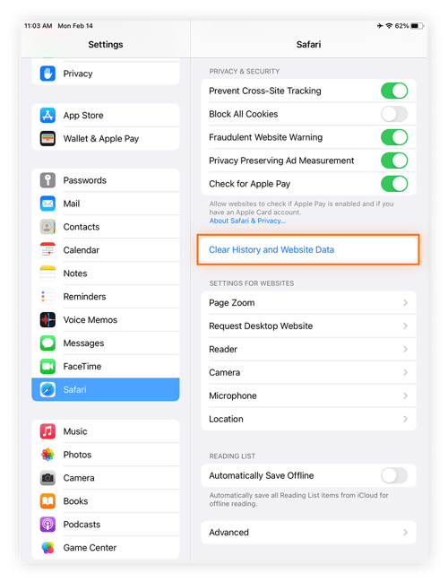 Una vista de los ajustes de Safari dentro de los ajustes del iPad.