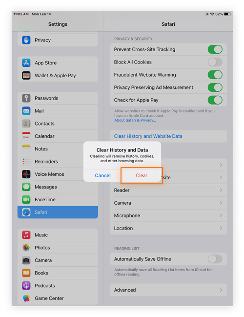 La pantalla de confirmación de Safari cuando el usuario ha decidido borrar el historial y los datos de sitios web en un iPad.