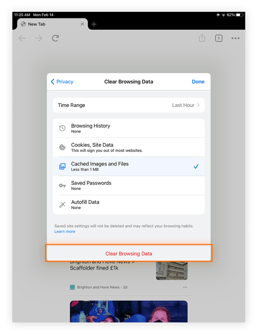 Eine Ansicht von Chrome auf dem iPad, wobei die Optionen für „Browserdaten löschen“ geöffnet sind.