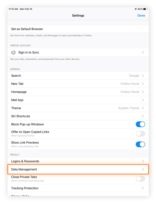 Recherche de l’option Gestion des données dans les paramètres de Firefox sur un iPad. Recherche de l’option Gestion des données dans les paramètres de Firefox sur un iPad.