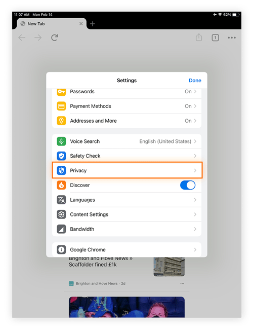 Recherche des paramètres de confidentialité de Chrome sur un iPad.