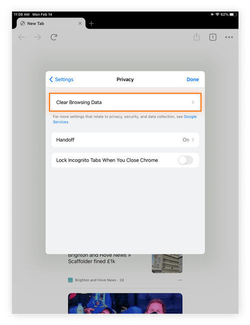Clearing browsing data in Chrome on an iPad.