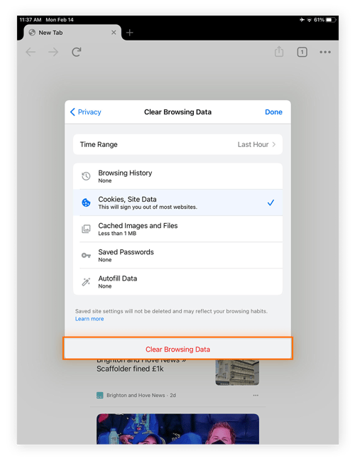 Las opciones para borrar los datos de navegación en Chrome en un iPad.