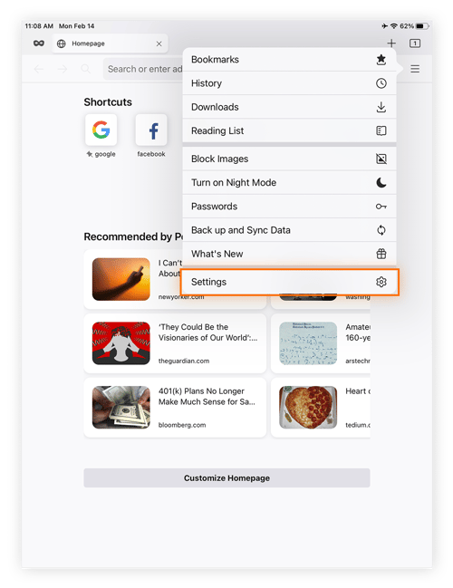 Finding settings in Firefox on an iPad.