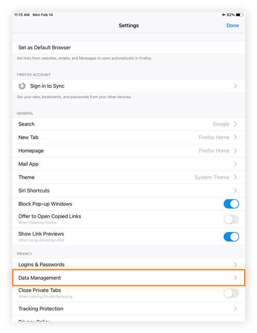 Accès aux paramètres de gestion des données dans Firefox.