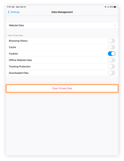 Clearing cookies through data management settings in Firefox on iPad.
