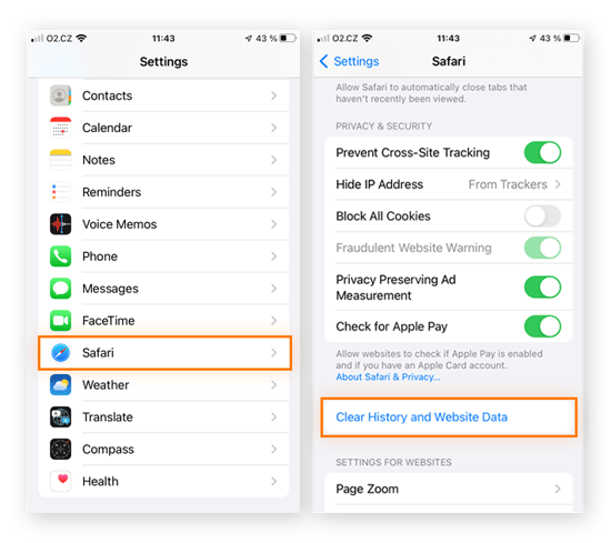 Accessing the Safari Settings menu on an iPhone.