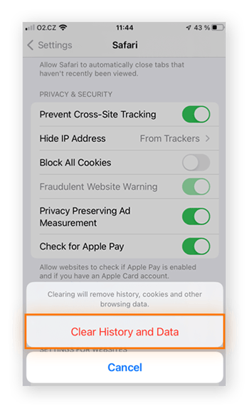 Tapping the Clear History and Data button in Safari Settings to delete browsing history, cache, and cookies.