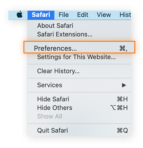 Abrindo o menu do Safari e selecionando Preferências