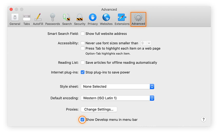 Under the Advanced settings, you can select the box to show the Develop menu bar.