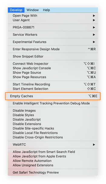 La barra Desarrollo tiene un botón para «Vaciar cachés» Solo tiene que hacer clic en él para vaciar por completo su memoria caché en Safari.