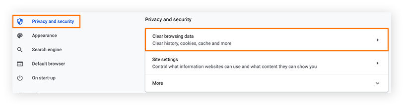 Seleccione «privacidad y seguridad» en la lista de la izquierda y, luego, haga clic en «borrar datos de navegación»