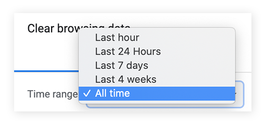 Selecting the amount of time you want to clear your cache from. We recommend "all time."
