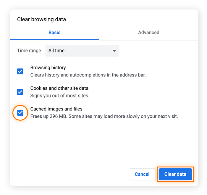 Check the box for "cached images and files" and then confirm by clicking "clear data" and you'll be able to clear. your cache in Google Chrome.