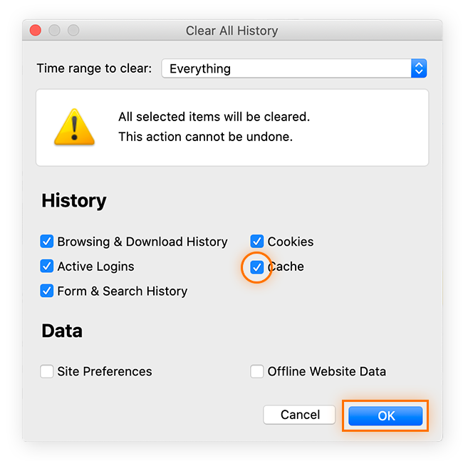 Aktivieren Sie das Kontrollkästchen für „Cache“ und klicken Sie auf „OK“, um Ihren Cache in Firefox zu leeren.