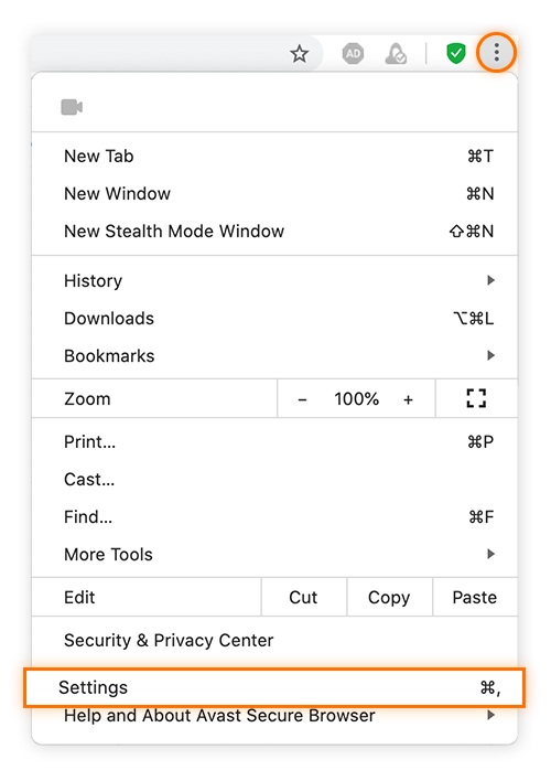  Opening up Settings in Avast Secure Browser.