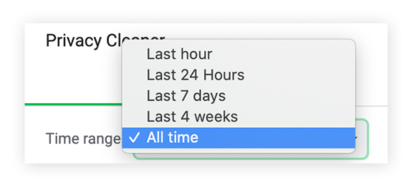 Select the time range for cleaning your cache. We recommend "all time."