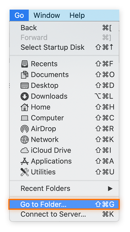 Opening the Go menu in Finder.