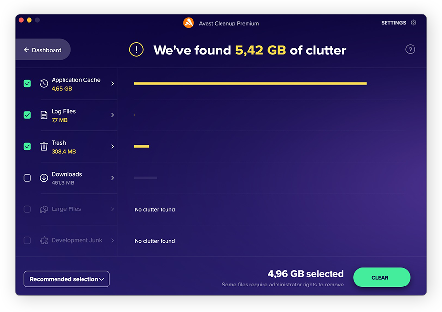 Avast Cleanup scans your Mac for application caches, log files, and other junk so you can free up space.