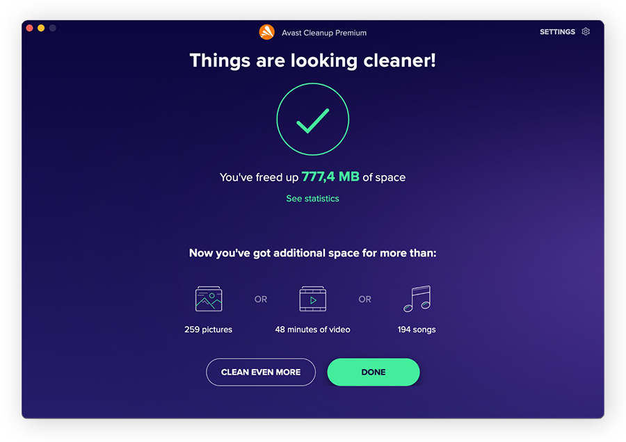 O Avast Cleanup para Mac libera gigabytes de espaço para que você tenha mais espaço para os arquivos importantes.