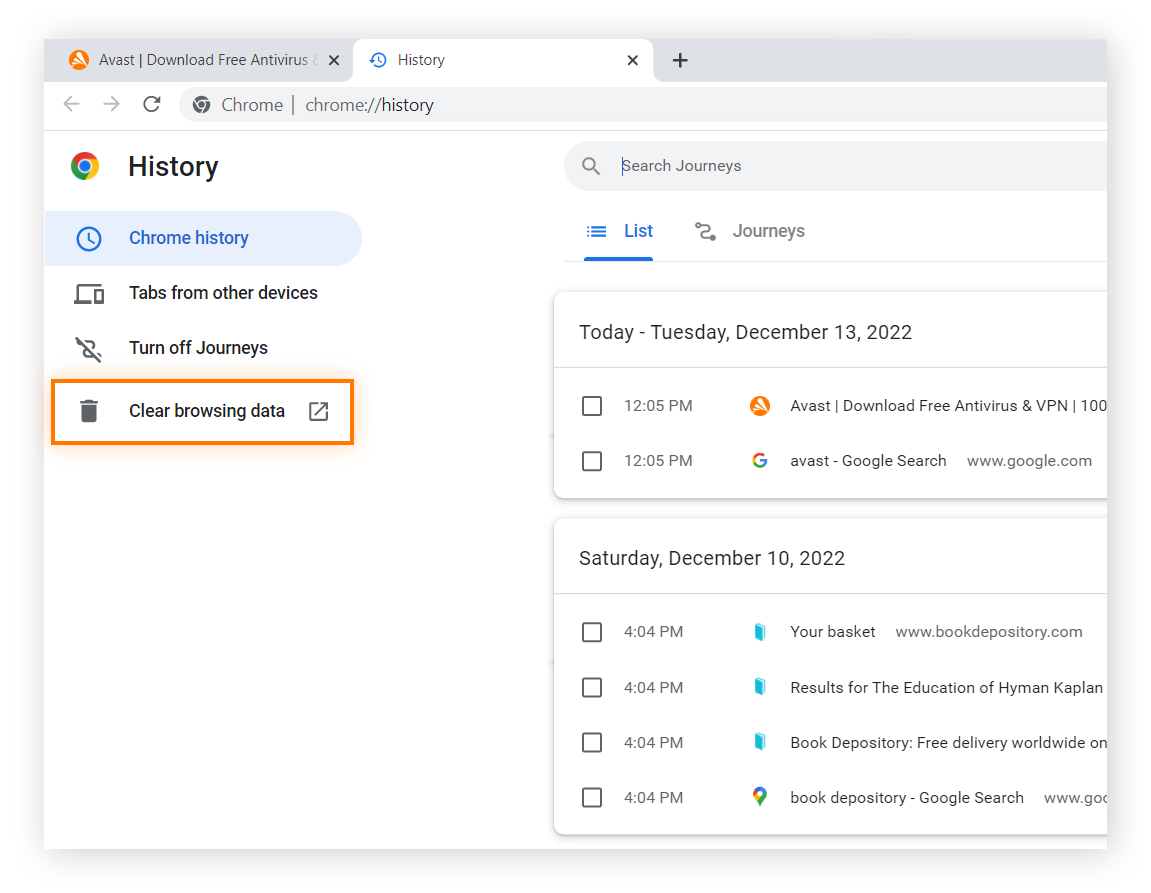 The History tab displaying browser history in Google Chrome for Windows 10 and 11.