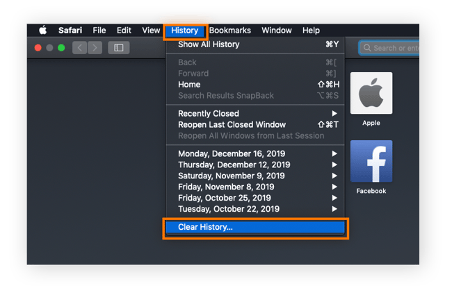 Menu d’historique dans Safari sur macOS
