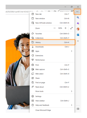 Accessing browsing history via the browser menu in Microsoft Edge for Windows 10 or 11.