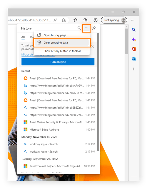 Affichage du le panneau d’historique dans Microsoft Edge pour Windows 10 ou 11.