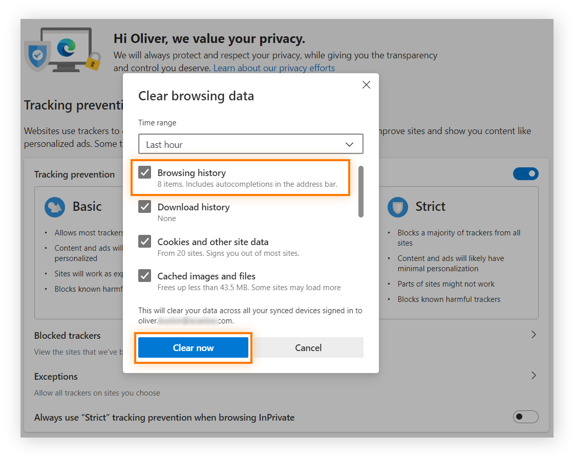 Clearing browsing data in Microsoft Edge for Windows 10 and 11.