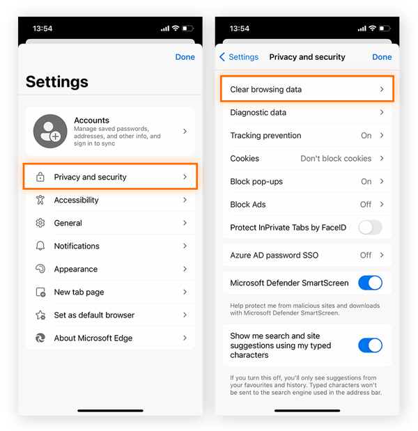 Clearing browsing data via the Privacy and Security menu in Microsoft Edge for iOS.